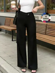 Women's Pure Black Elegant Straight Leg Pants with Irregular V-Notch for School, Highlighting Curves, Perfect for Daily Wear, Commuting, Dates and Holidays
