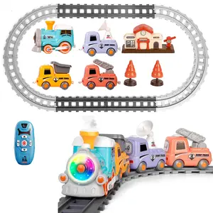 baby fashionElectric Train Set With Smoke Light Sound Remote Magnetic Train Toys With Locomotive 3 Trucks Gifts For Kids Aged 3 4 5 6 Year Old Baby Essentials Toys For Ages 3+