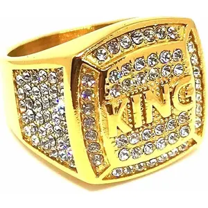 Fashion Stainless Steel King Gold Plated Bling Iced Out Ring with Cubic Zirconia Stones for Men Women Friends Gift Bold Statement Fashion Jewelry