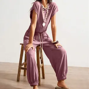 SCUSTY Women's Hollow Out Bohemian Jumpsuit Short Sleeve Drawstring Waist Solid Knit Casual Lounge Playsuit