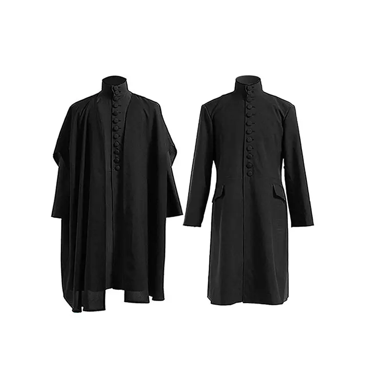 Men's Gothic Wizard Costume Set, 2-Piece Rayon Fabric Cape and High Neck Vest with Dramatic Wide Sleeves for Cosplay, Button
