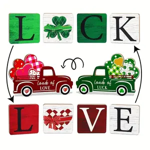 Valentine's Day & St Patrick's Decorative Plaques Set, Reversible Tabletop Layered Tray Decoration, Home Party Ornament, Desk Signage Decoration, 5 Pieces