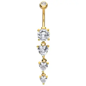 Gold PVD Lovestruck Triple Heart Clear CZ Dangle Stainless Steel Belly Button Ring