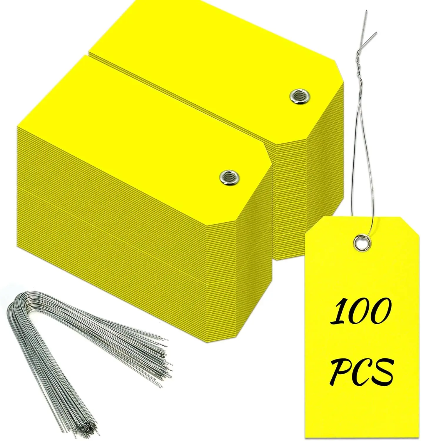 100 Pieces Plastic Shipping Tags with Reinforced Wire Blank Heavy Duty Shipping Waterproof Equipment Moving Tags for Luggage Auto Parts Garage Inventory (Yellow, 2.36 x 4.7)