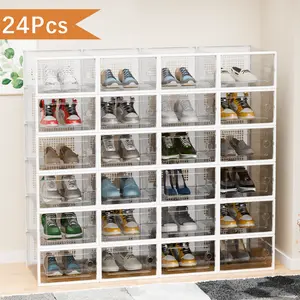 12/24pcs Thick Transparent Plastic Shoe Boxes With Lids, Foldable And Stackable, Space Saving Storage Organizer, for Wall-Mounted Display Shelf Item Sorting Container, - Organizer, Sturdy for Home Use, Stackable Shoe Holder in Black/White