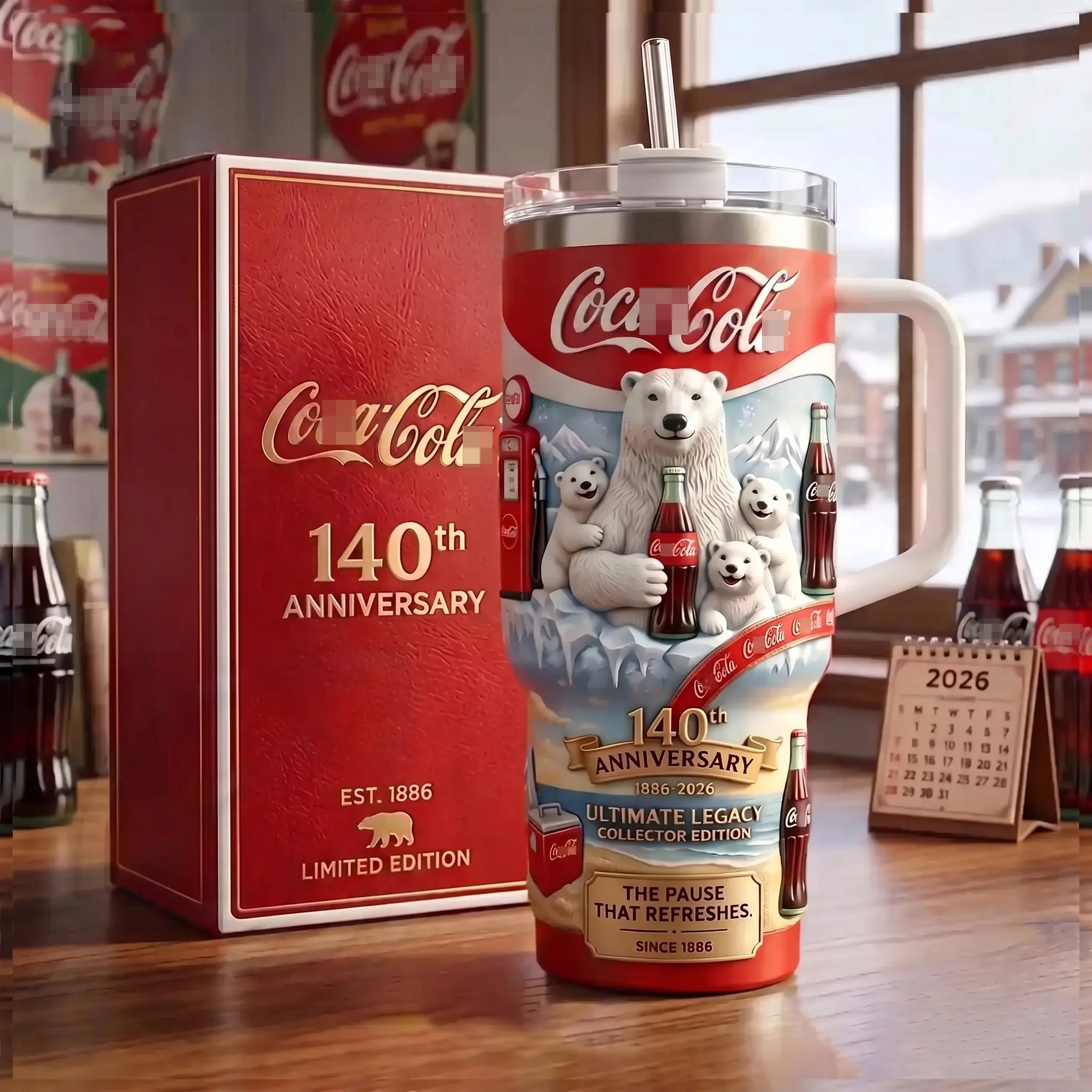 Coca-Cola 140th Anniversary Tumbler With Handle Straw 40oz Stainless Steel, Vintage Coca Cola Polar Bear Graphic, Vintage Polar Bear Graphic Coke Collector Cup, Classic Soda Lover Gift, Gift For Coca Cola Fans, New Trend Tiktok Flasks 2026