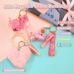 KEYCHAIN CHARM BUNDLE Lip Gloss Plushie & Cute Design for Kids Fashion Accessories Fun Gift for Birthdays Rewards or Stocking Stuffers