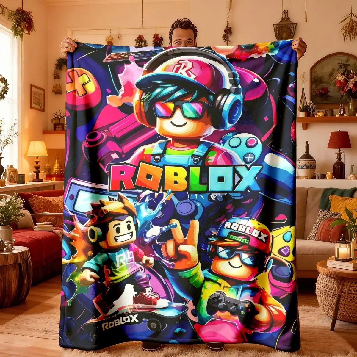 Soft Flannel Cozy Throw Blanket Roblox Graffiti Character Theme, Cartoon Pattern Blanket, Lightweight & Warm, Ideal for Bedroom, Holiday Decor, All Seasons Use, Figure Print Blanket