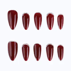 Dark Red Press on Nails Acrylic Handmade Nails Medium Almond Solid Color for Women Finger Various Size