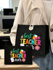 Teacher Series Handbag Set, Linen Button Decorated Shoulder Bag, Multi-Functional Zip Storage Pouch, Casual Shopping Bag, Large Capacity, Gift Ready, Button Decoration, Casual Zipper Purse