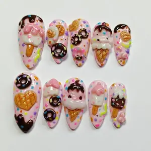 Sweet Candy Ice Cream Press On Nails, 3D Donut Nail Set, Kawaii Almond Tips