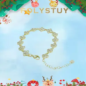 [FOLYSTUY (W183)]Four Leaf Clover Chain Bracelet with white Stone Accent, 0.35" Width 9.06" Length Adjustable Wrist Jewelry