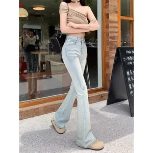 Women's Light-Colored Printed Rose Flared Jeans High Waist Elastic Slim Fit Slimming Floor-Length Bell-Bottom Denim Basic Minimalist Streetwear Womenswear Style Womenswear Style Tops Trouser