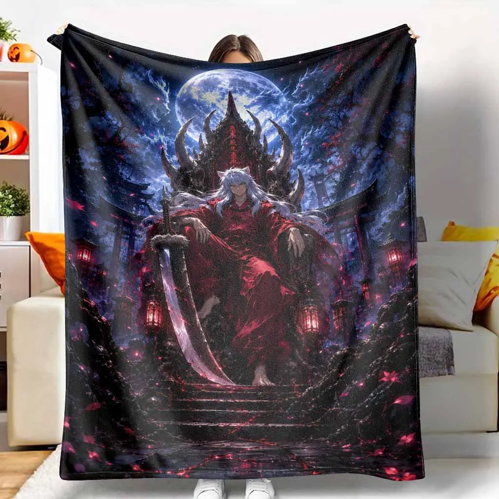 Dark Moon Samurai Flannel Blanket, Gothic Anime Warrior Art & Dragon Print, Plush Texture, Breathable, Wrinkle Resistant, Multi-Size Soft Lightweight Throw for Sofa, Bedroom, Halloween Gift, Flannel Fabric
