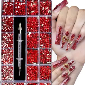 Nail Art 24-Grid Large Y2K Aesthetic Red Rhinestones for Beautiful Nails
