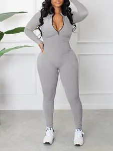M3112 Fashionable Chic ladies' unzipped deep V-neck long-sleeved fitted knitted Womenswear jumpsuit. The casual and trendy jumpsuit is suitable for autumn and winter wear. It is comfortable and fashionable, perfect for daily street sports