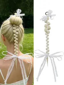 Lace Bow Bubble Braided Ponytail Extension, Blonde Synthetic Hairpiece, K-Pop Y2K Style, Halloween Cosplay, Easy Install for Women