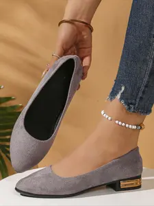 Women's Black Suede Square Toe Low Heel Flats, Minimalist Office-Chic Style, Slip-On Design, Metallic Decor Heel, Perfect for Daily Commute & Work Outfits，MinimalistOfficeShoes, BlackSuedeFlats, DailyCommuteChic