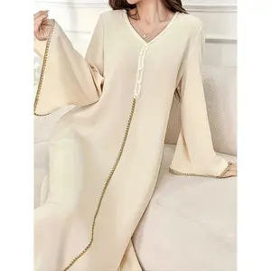 Women's Middle Eastern Style Robe - Solid Color, Smooth Polyester Fabric, Casual Wear for All Seasons, Machine Washable, Elegant Weaving Design