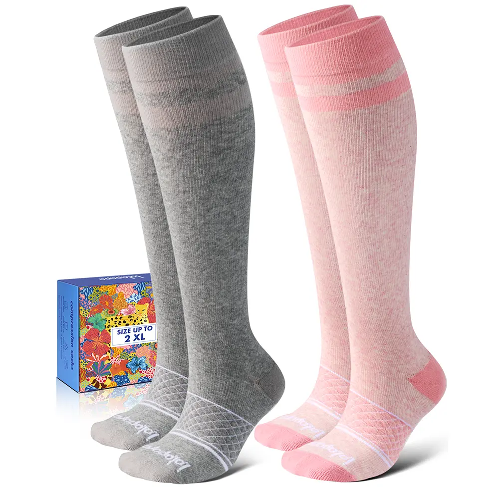 Lalapapa Cotton Compression Socks for Women & Men - 2 Pairs 20-30mmHg Compression Stockings, Mid-Crew Heat-Wicking Sports Socks with Grid Arch Support, Soft Breathable Sweat-Wicking, Moisture Wicking Socks, Crew Athletic Socks