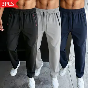 3-Pack Men’s Ice Silk Quick-Dry Casual Pants, Zipper Pocket Design, Elastic Waist, Breathable Straight-Leg Athletic Long Pants, Available in Multiple Colors, Versatile Sporty Casual Long Pants