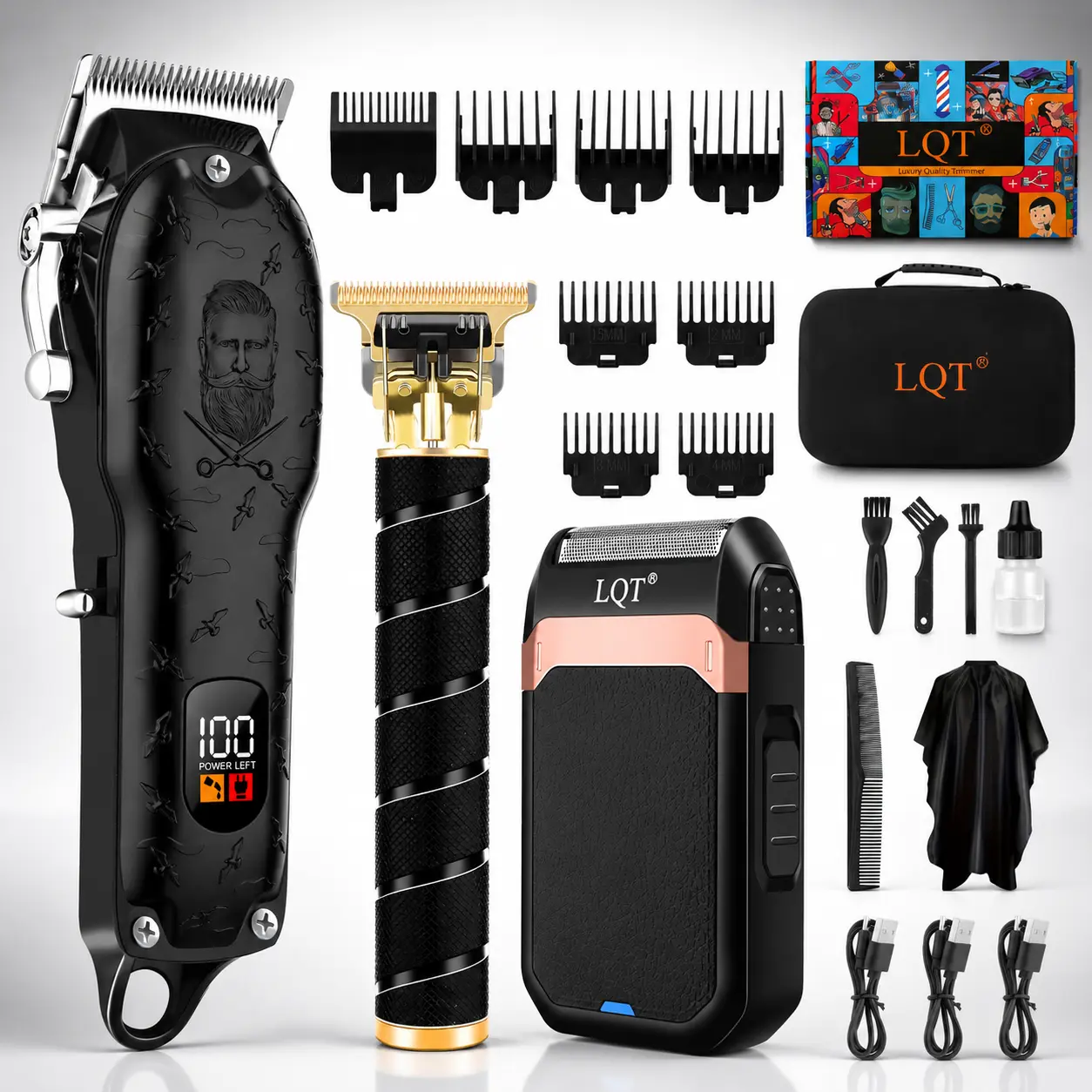 Men's 3-in-1 Professional Cordless Hair Clipper & Trimmer Kit - T-Blade Trimmer, Foil Shaver, LCD Display, Adjustable Guards, USB Rechargeable Barber Grooming Set with Smooth Performance