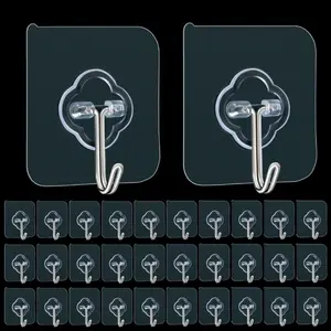 [New Deal] 32 Pack Adhesive Hooks, 33lb(Max) Sticky Hooks, Transparent Reusable Removable Adhesive Hooks for Hanging, Wall Hooks for Hanging Can be Use for Kitchen Bathroom Shower Outdoor Home Improvement Organiser Hangable Hangers