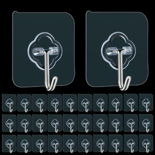 32-Pack Multi-Use Transparent Reusable Removable Sticky Wall Hooks, 33lb Max Adhesive Hangers for Kitchen, Bathroom, Home Improvement Organization