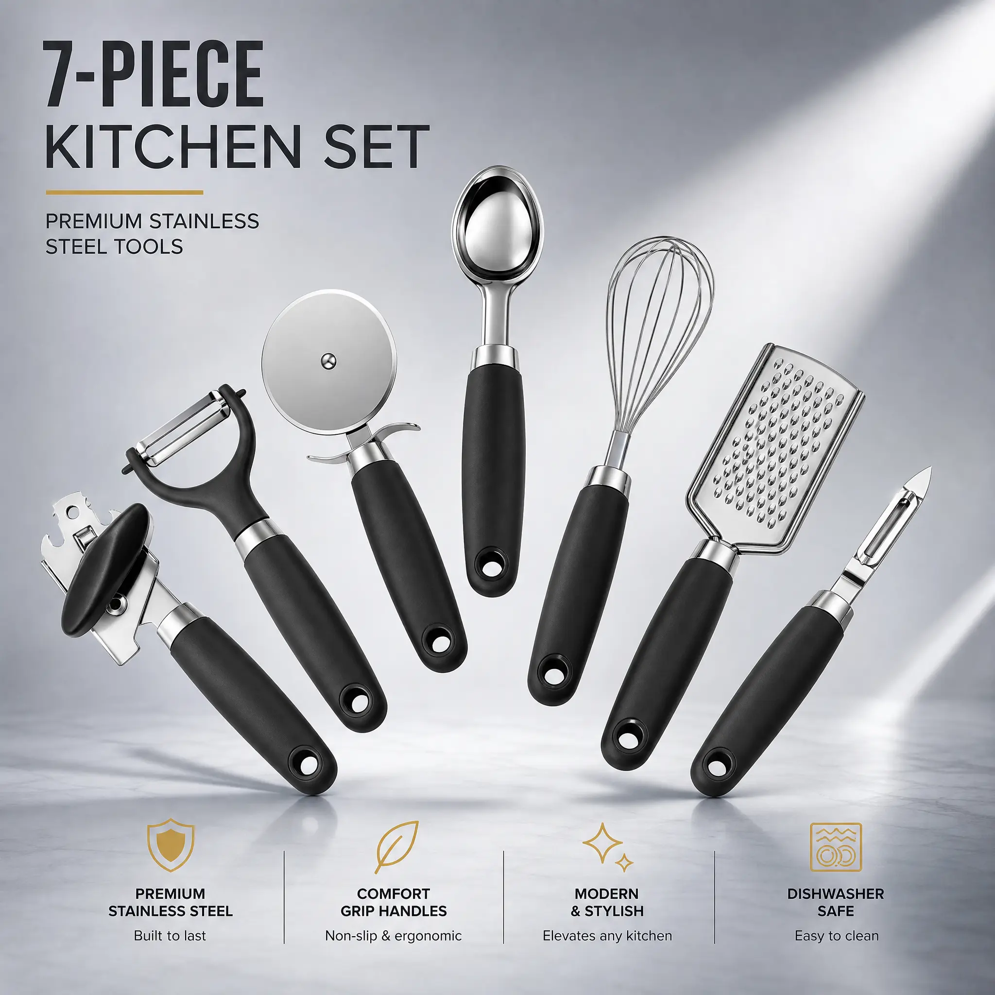 7-Piece Stainless Steel Kitchen Utensil Set - Grater Peeler Ice Cream Scoop Whisk Can Opener Garlic Press Pizza Cutter, Durable All-in-One Cooking Baking Tools, Ideal Gift for Chef Home Cook affordable cookware