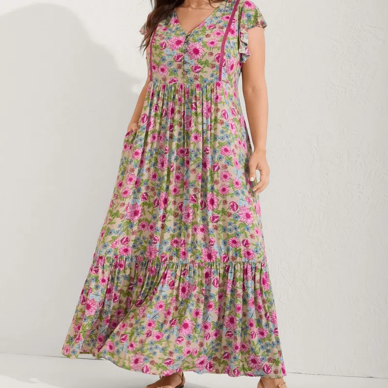 BloomChic Sweet Floral Lace Trim Tiered Maxi Dress 【M-6XL】
