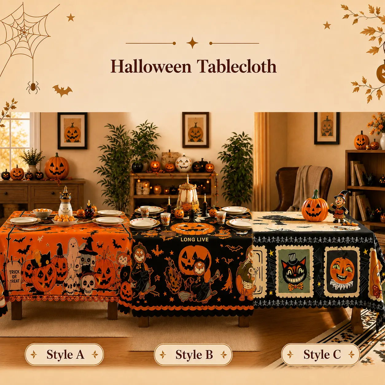 Halloween Tablecloth with Pumpkins, Witches, Ghosts, Bats and Spooky Autumn Motifs, Festive Haunted House Theme, Round, Rectangular and Oval 60in Covers for Dining Rooms, Parties, Picnics and Trick-or-Treat Gatherings polyester, washable, clearance sale