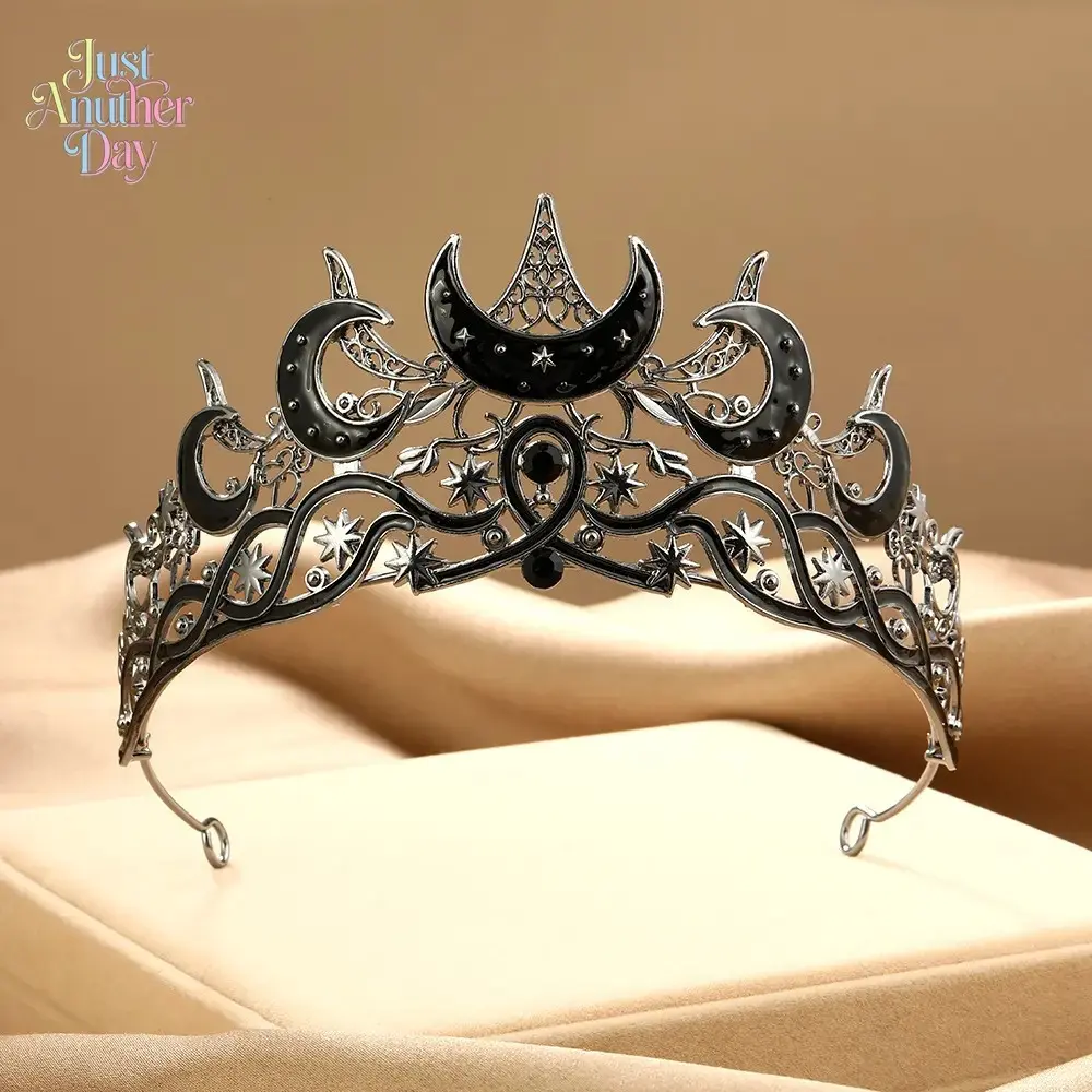 Gothic Moon-Star Rhinestone Crown, Funky Unique Accessories, Unisex Halloween Costume Headpiece for Witch Role Play Party Decoration