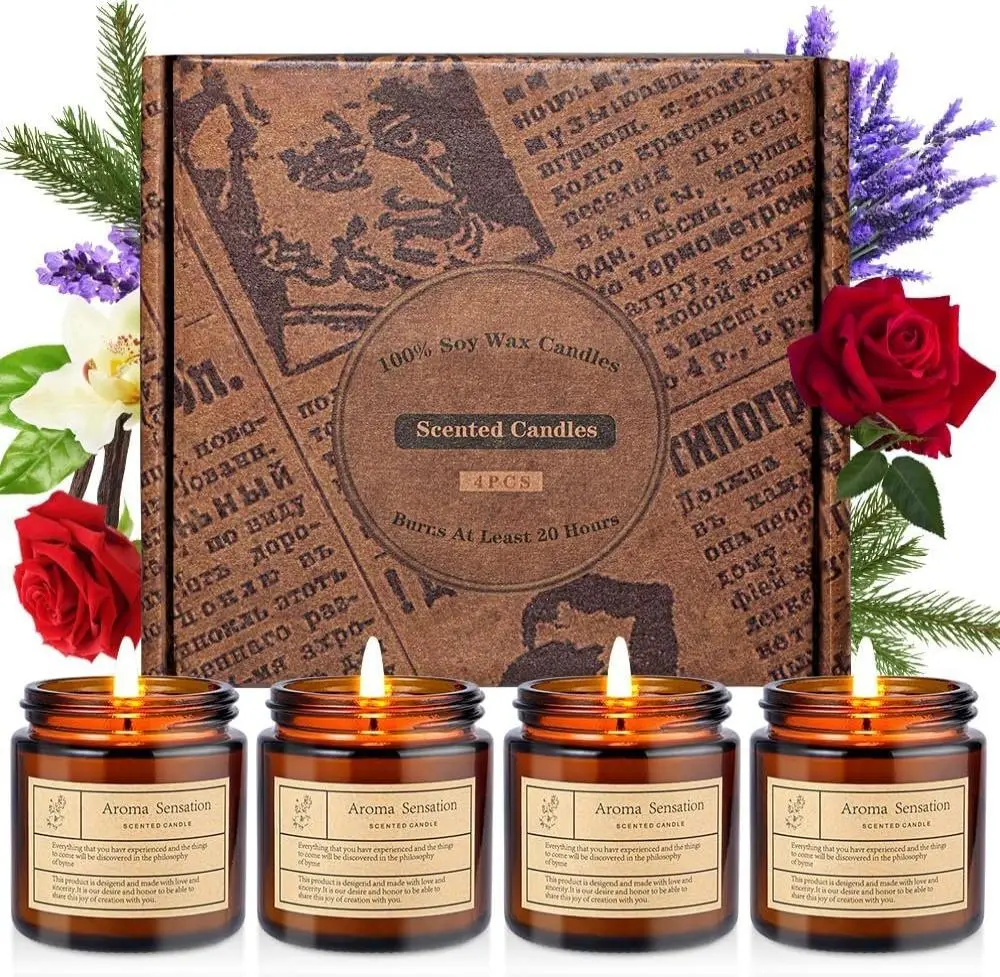 Aroma Sensation 4 Pack Amber Jar Aromatherapy Candles - Lavender Rose Sandalwood Vanilla Cedar Scented Candles Set for Home Decor & Gift Giving