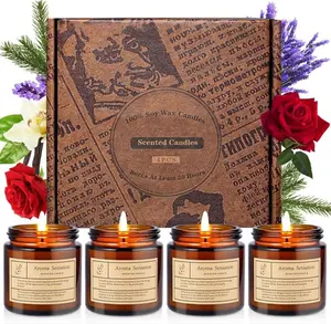 Aroma Sensation 4 Pack Amber Jar Aromatherapy Candles - Lavender Rose Sandalwood Vanilla Cedar Scented Candles Set for Home Decor & Gift Giving