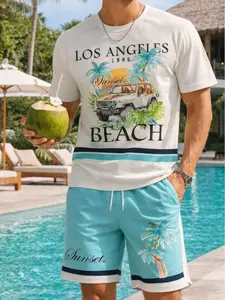 Men’s LA Beach Summer Set | Tropical Print T-Shirt & Shorts Matching Outfit, Casual Vacation Style