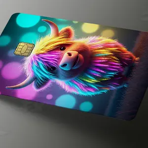 Colorful Highland Cow Credit Card Skin - Adorable Multi-Colored Design, Durable Premium Vinyl, Water & UV Resistant, Easy Installation, Made in USA