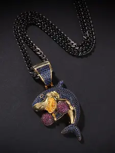 Iced Out Shark Pendant Necklace 18K Gold Plated Cubic Zirconia Blue Pink Bling Hip Hop Shark Bite Jewelry for Men
