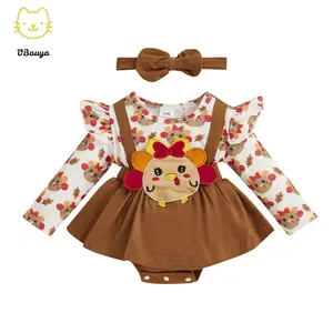 Baby Girl Thanksgiving Bodysuit Dress Ruffled Turkey Princess Dress Bodysuit Bow Headdress Set