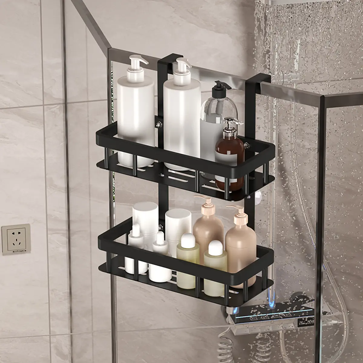 Bathroom Door Shower Rack, Hanging Dual Layer Storage Shelf, Easy Installation, Organizer for Toiletries, Bathroom Organizing Accessories, Bathroom Storage Solution, Bathroom Organization, Bathroom Essentials Accessories