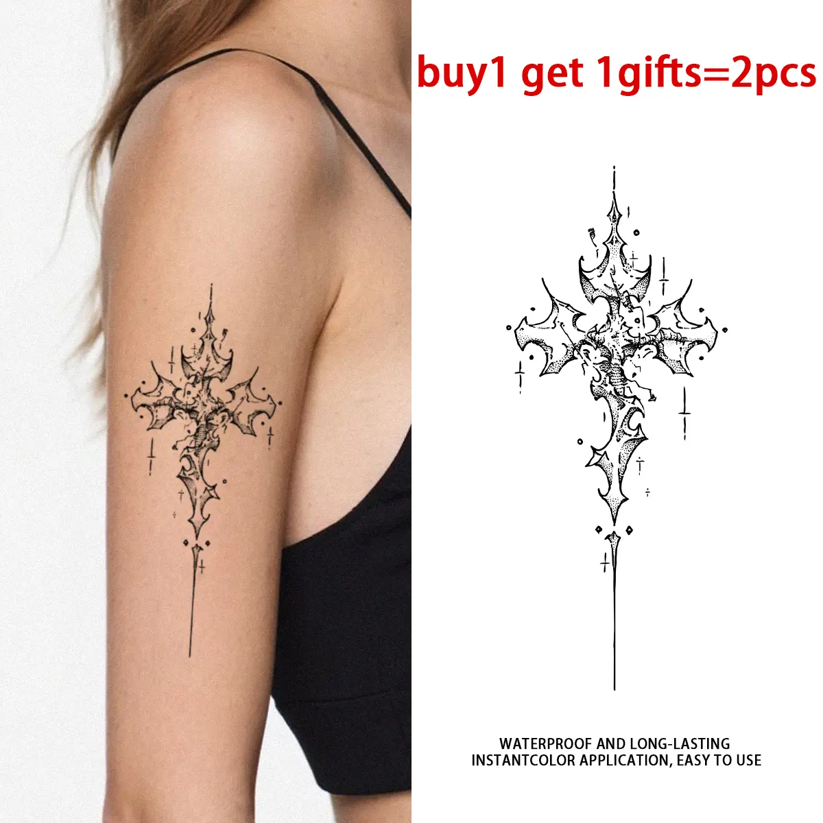 Gothic Cross Sword Temporary Tattoo Stickers - 2 Sheets Semi Permanent Waterproof Realistic Fake Tattoos, Dark Fine Line Ornate Cross Shape Design, Easy Apply for Men, All Skin Types Ideal for Swimming, Halloween