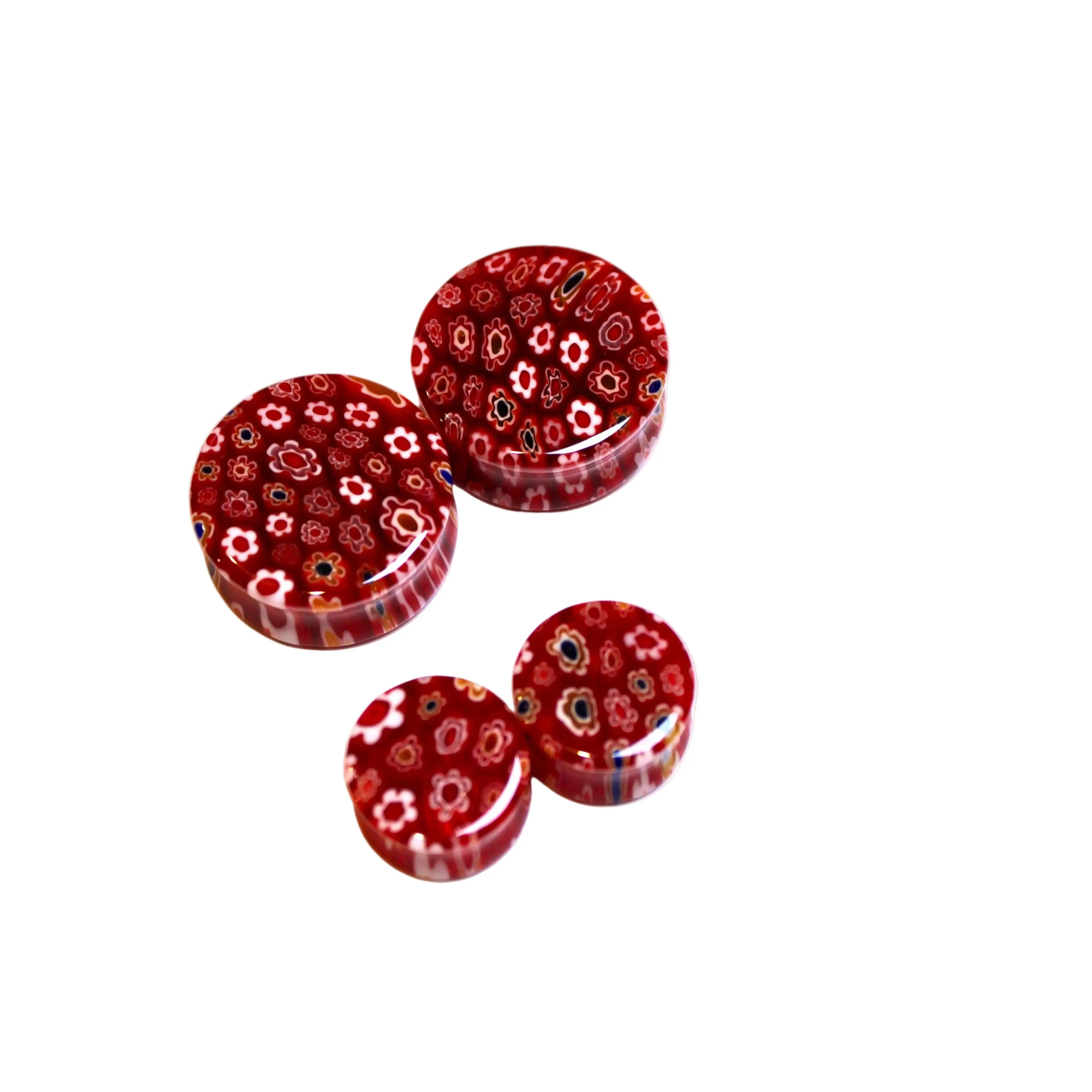 Copper Flash Double-Flare Plug Body Jewelry, Red Floral Pattern Glass Ear Gauge Tunnels, Body-Safe Gauged Earrings Piercing Accessories