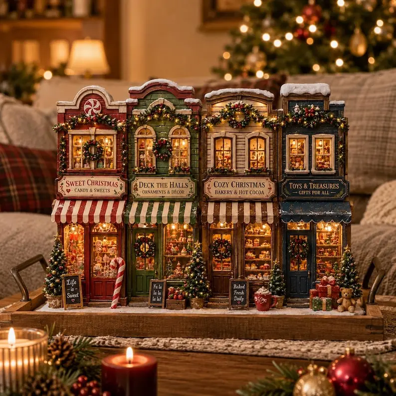 Christmas Wooden Block Village Decor, Lighted Christmas Village Decor, Rustic Farmhouse Mantel Centerpiece, Cozy Xmas Home Gift Idea, Vintage Christmas Decor 2026