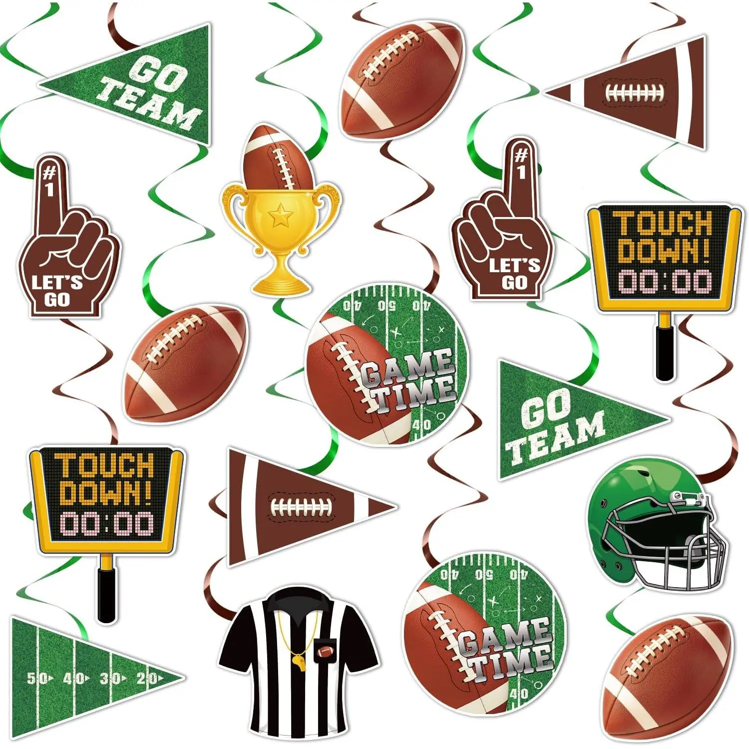 24 Pcs Football Hanging Swirl Decorations, 8 Designs Football Party Tags with Green and Brown Foil Streamers for Super Bowl Birthday Party Decor, Game Day Tailgate Party Supplies