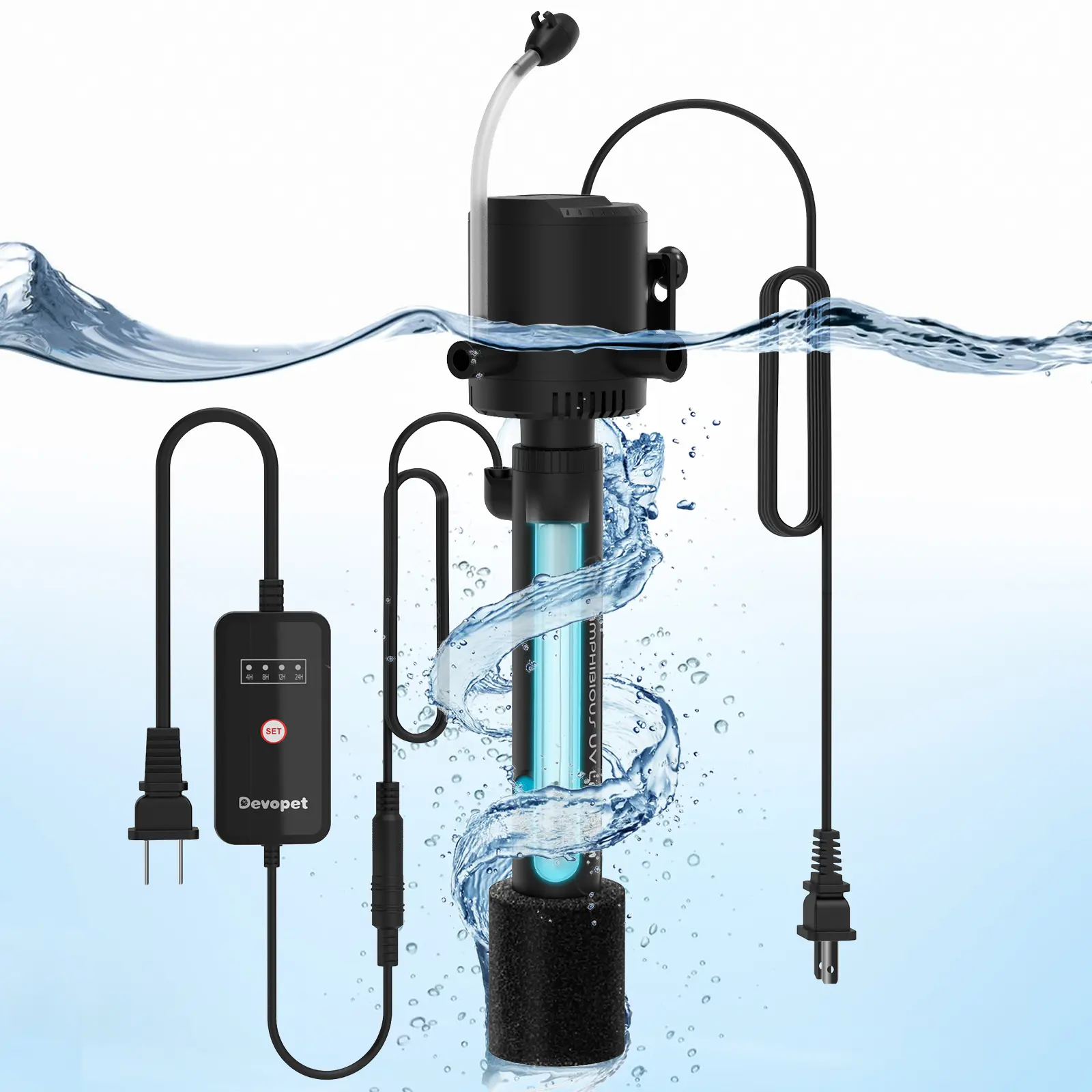 Aquarium U-V Filter for Green Water, Fish Tank Green Clean Machine with Aeration & Dual Water Outlet, Submersible Water Pump & U-V Light with Timer