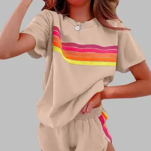 Vintage Rainbow Stripe Short Sleeve Set, Loungewear Two Piece, Summer Casual Outfit | Summer Rainbow Stripe Two Piece Set, Loose Casual Outfit, Workout Loungewear For Women
