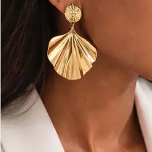 Gold Statement Fan Earrings Stainless Steel Fashion Women Jewelry