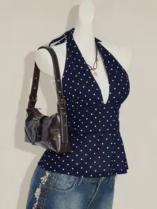 ARTYOTI Halter Deep V-Neck Cinched Waist A-Line Backless Polka Dot Camisole Navy Blue Halter Tank Top