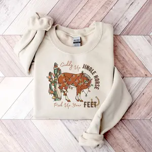 Western Christmas Horse Sweatshirt | Cowboy Holiday Crewneck | Country Cactus Pullover with Festive Lights