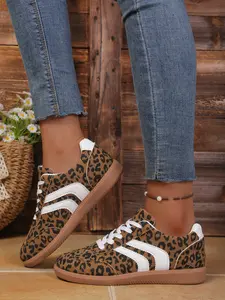 Women's Large Size Leopard Print Sneakers, Trainer, Low Top, Retro Colorblock Design, Soft Sole Anti-Slip Lightweight, Versatile Casual Walking Shoes
