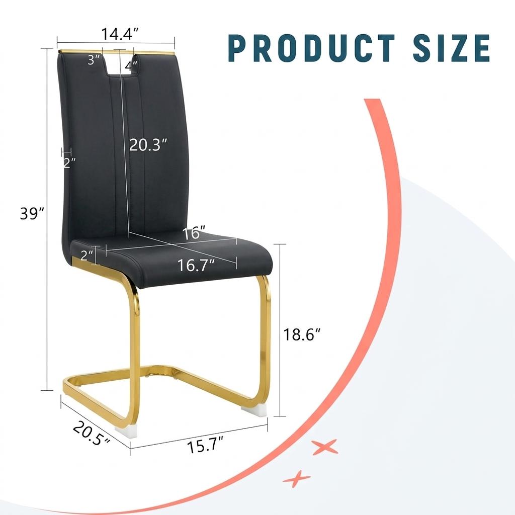 Modern Cantilever Dining Chairs Set of 2/4, Black Gold PU Leather Upholstered Side Chairs with Gold Metal Frame for Kitchen Living Room